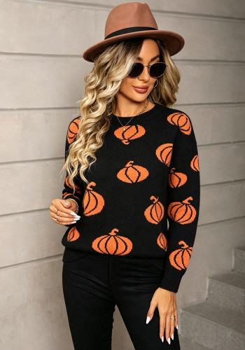 Halloween Plus Size Women's Pumpkin Pullover Long Sleeve Knitted Sweater