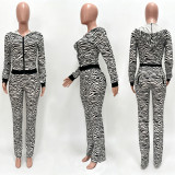 Fall Winter Women's Irregular Print Patchwork Zipper Hooded Long Sleeve Multi-Pocket Casual Pants Set