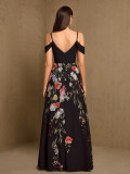 Women's Patchwork Floral Print Strap V Neck Off Shoulder A-Line Evening Gown