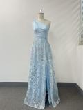Fall Winter Women's Slash Shoulder Hollow Out High Split Patchwork Sparkly A-Line Evening Gown