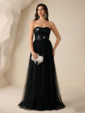 Women's Strapless Elegant Mesh Sequin Lace-Up Back A-Line Evening Gown