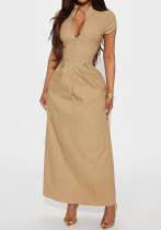 Summer Women's Stand Collar Zipper Short Sleeve Slim Waist Stylish Sexy Solid Color Maxi Dress Summer Women's Stand Collar Zipper Short Sleeve Slim Waist Stylish Sexy Solid Color Maxi Dress