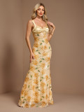 Women's Sparkly Knitted Print Back Bow Strap Low Back Mermaid Party Gown