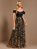 Women's Chic Strap High Split Lace-Up Back Contrast Color Mesh Sequin Formal Party A-Line Evening Gown