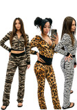 Fall Winter Women's Irregular Print Patchwork Zipper Hooded Long Sleeve Multi-Pocket Casual Pants Set