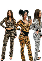 Fall Winter Women's Irregular Print Patchwork Zipper Hooded Long Sleeve Multi-Pocket Casual Pants Set