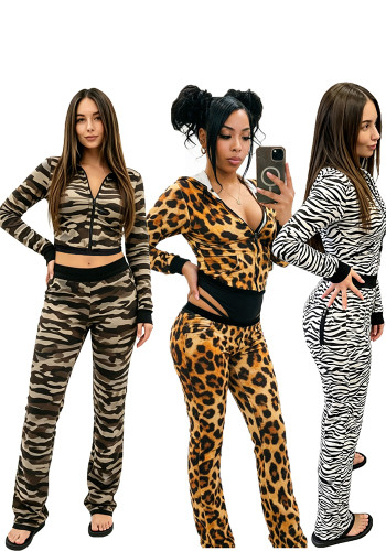 Fall Winter Women's Irregular Print Patchwork Zipper Hooded Long Sleeve Multi-Pocket Casual Pants Set