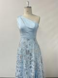 Fall Winter Women's Slash Shoulder Hollow Out High Split Patchwork Sparkly A-Line Evening Gown