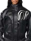 Fall Winter Women's Embroidered Stand Collar PU Leather Jacket