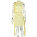 Women's Solid Color Tight Fitting Ruched Slim Fit Slim Waist Lace-Up Slash Shoulder Sleeveless Two-Piece Skirt Set
