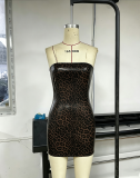 Summer Women's Sexy Leopard Print PU Tight-Fitting Strapless Bodycon Dress