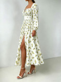 Women's Plaid V Neck Ruffle Print Slim Fit Puff Sleeve Long Dress