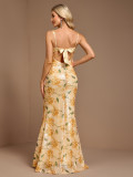 Women's Sparkly Knitted Print Back Bow Strap Low Back Mermaid Party Gown