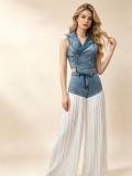 Summer Women's Sleeveless V Neck Denim Vest and High Waist Pleated Wide Leg Pants Two-Piece Set for Holidays