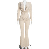 Fall Winter Women's Cowl Neck Knot Long Sleeve Sexy Slim Fit Jumpsuit