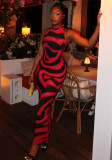 Women's Black Print Chic Color Block Bodycon Elegant High Neck Sleeveless Long Dress