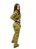 Fall Winter Women's Irregular Print Patchwork Zipper Hooded Long Sleeve Multi-Pocket Casual Pants Set