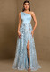 Fall Winter Women's Slash Shoulder Hollow Out High Split Patchwork Sparkly A-Line Evening Gown