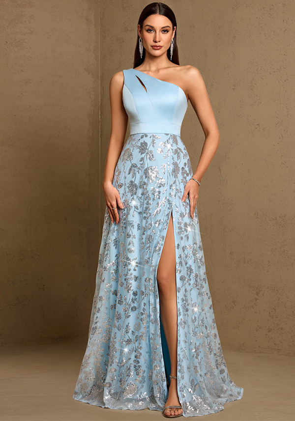Fall Winter Women's Slash Shoulder Hollow Out High Split Patchwork Sparkly A-Line Evening Gown