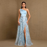 Fall Winter Women's Slash Shoulder Hollow Out High Split Patchwork Sparkly A-Line Evening Gown