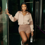 Women's Patchwork Hooded Long Sleeve Zipper Top and Tight Fitting Shorts Two-Piece Set
