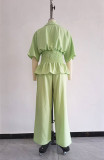 Fall Women's Turndown Collar Slim Waist Short Sleeve Shirt and High Waist Wide Leg Pants Casual Two-Piece Set