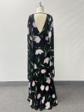 Summer Women's Printed Sleeveless Deep V Neck Low Back Tie Strap Bell Bottom A-Line Dress