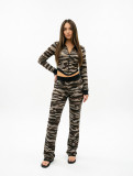 Fall Winter Women's Irregular Print Patchwork Zipper Hooded Long Sleeve Multi-Pocket Casual Pants Set