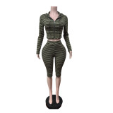 Women's Ribbed Casual Hooded Long Sleeve Stretch Capri Pants Set