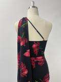 Spring Summer Women's Slash Shoulder Tie Strap Floral Print A-Line Low Back Elegant Cocktail Dress