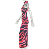 Women's Black Print Chic Color Block Bodycon Elegant High Neck Sleeveless Long Dress