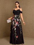 Women's Patchwork Floral Print Strap V Neck Off Shoulder A-Line Evening Gown