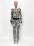 Fall Winter Women's Irregular Print Patchwork Zipper Hooded Long Sleeve Multi-Pocket Casual Pants Set