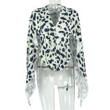 Women's Loose Casual Leopard Print V Neck Long Sleeve Asymmetrical Top