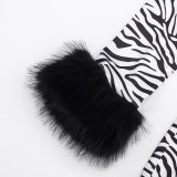 Fall Winter Women's Zebra Print Fuzzy Long Sleeve Sexy Slim Fit Jumpsuit