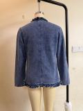 Women's Dark Blue Ruffle Denim Turndown Collar Single Breasted Long Sleeve Slim Waist Slim Fit Jacket