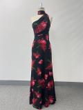 Spring Summer Women's Slash Shoulder Tie Strap Floral Print A-Line Low Back Elegant Cocktail Dress