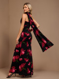 Spring Summer Women's Slash Shoulder Tie Strap Floral Print A-Line Low Back Elegant Cocktail Dress