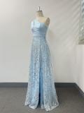 Fall Winter Women's Slash Shoulder Hollow Out High Split Patchwork Sparkly A-Line Evening Gown