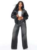 Fall Winter Women's Embroidered Stand Collar PU Leather Jacket