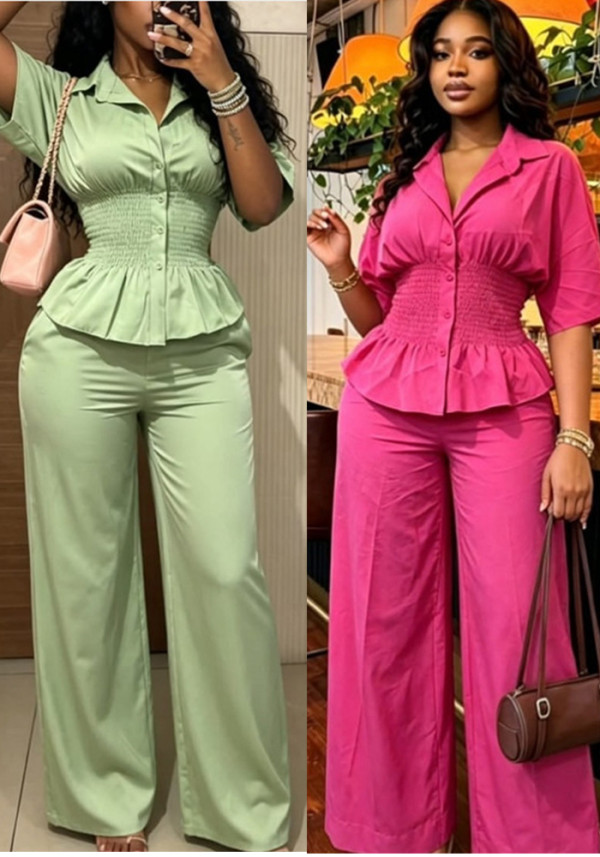 Fall Women's Turndown Collar Slim Waist Short Sleeve Shirt and High Waist Wide Leg Pants Casual Two-Piece Set
