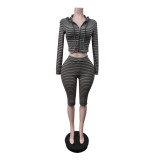 Women's Ribbed Casual Hooded Long Sleeve Stretch Capri Pants Set
