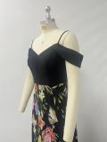 Women's Patchwork Floral Print Strap V Neck Off Shoulder A-Line Evening Gown