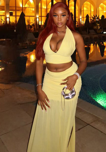 Women's Luxury Solid Color V Neck Sleeveless Halter Neck Casual Two-Piece Skirt Set