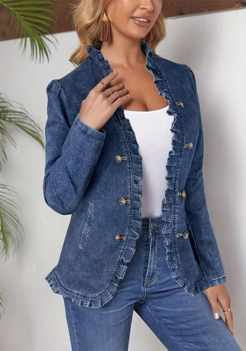 Women's Dark Blue Ruffle Denim Turndown Collar Single Breasted Long Sleeve Slim Waist Slim Fit Jacket