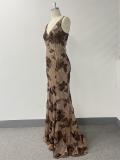 Women's Sparkly Sleeveless Strap V Neck Lace-Up Back Mermaid Party Gown