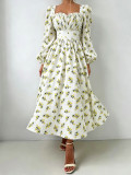 Women's Plaid V Neck Ruffle Print Slim Fit Puff Sleeve Long Dress
