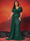 Plus Size Women Elegant Sequin Patchwork V Neck Short Sleeve Evening Dress