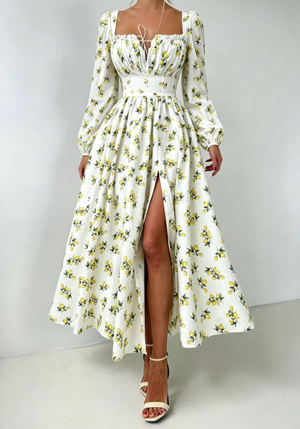 Women's Plaid V Neck Ruffle Print Slim Fit Puff Sleeve Long Dress