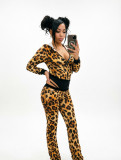 Fall Winter Women's Irregular Print Patchwork Zipper Hooded Long Sleeve Multi-Pocket Casual Pants Set